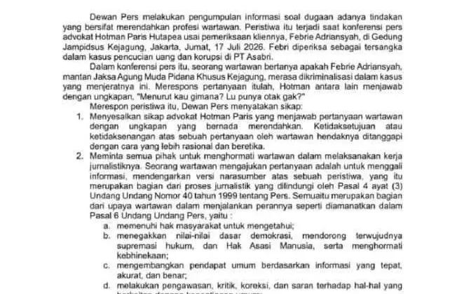 Pernyataan Sikap Dewan Pers Terhadap Tindakan Yang Bernada Merendahkan Profesi Wartawan